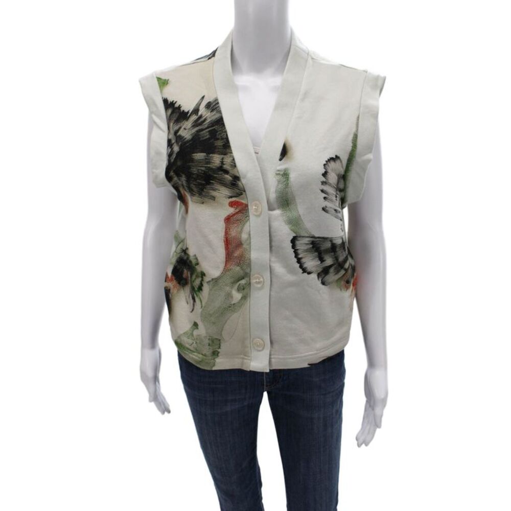 The Kit Womens Cardigan White Cotton V-Neck Floral Button Size XS